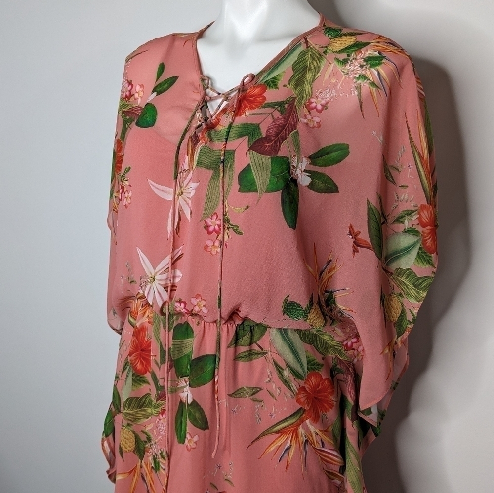 ✨3/$15 Express pink floral tie neck mini dress long blouse M - Picture 4 of 9